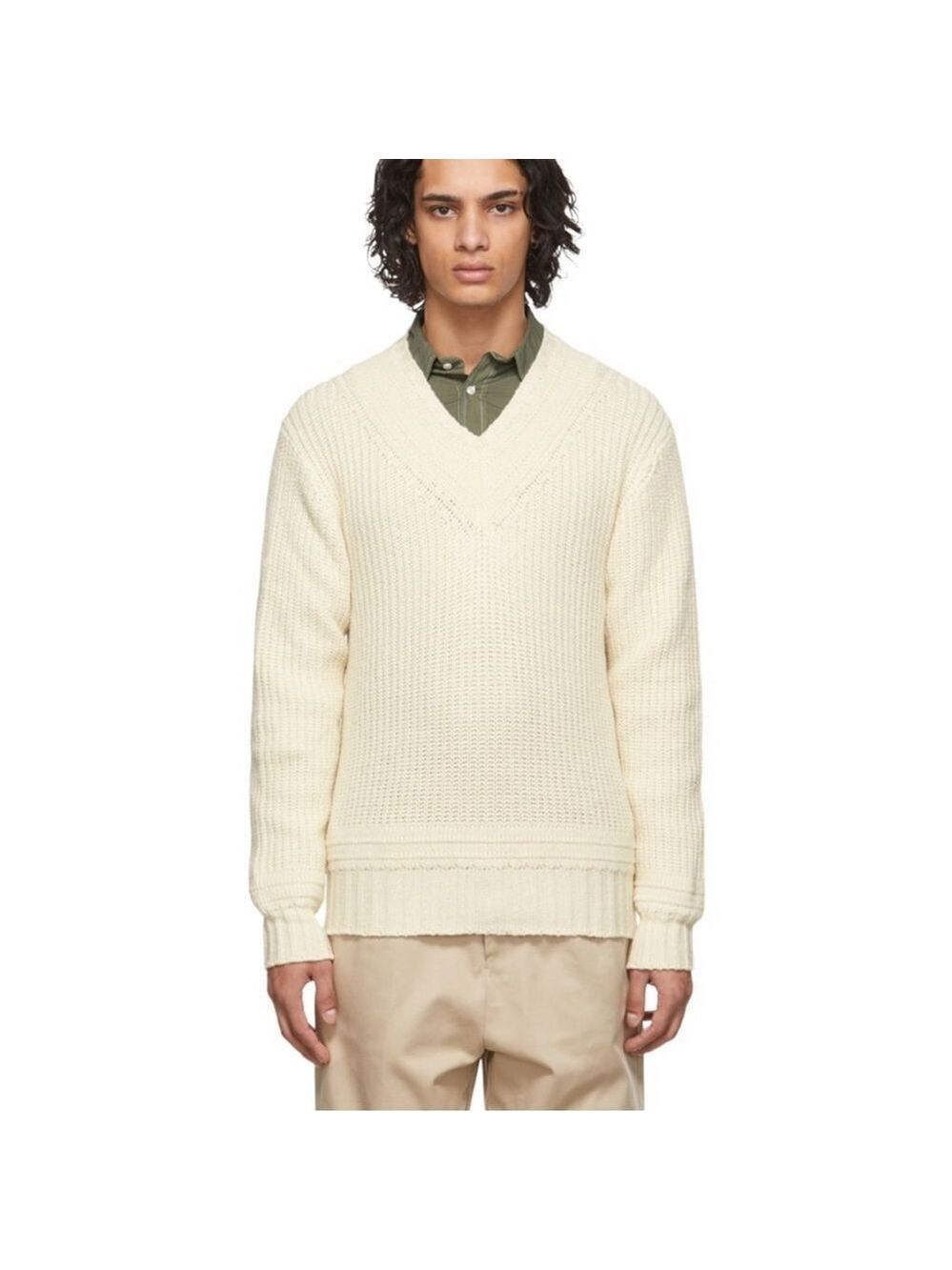 * NEW Officine Generale Gino V Neck Italian Wool Cream Sweater Size L